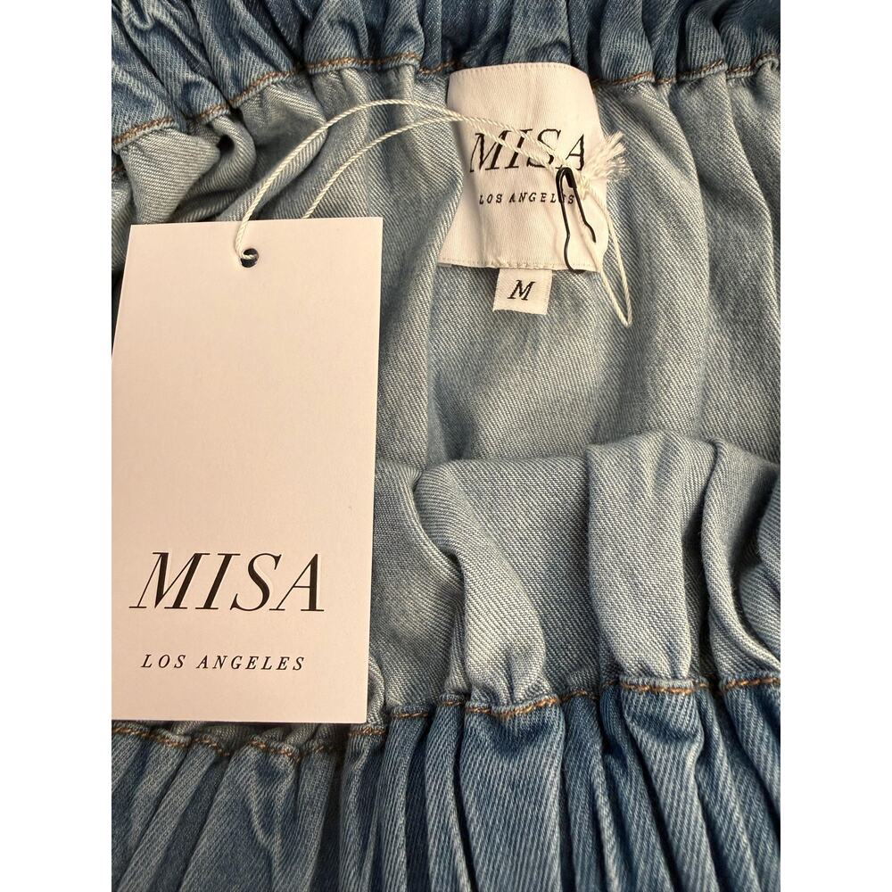 Misa Los Angeles Dress Womens Medium Blue Denim Smocked Puff Sleeve Midi NWT - Picture 7 of 11